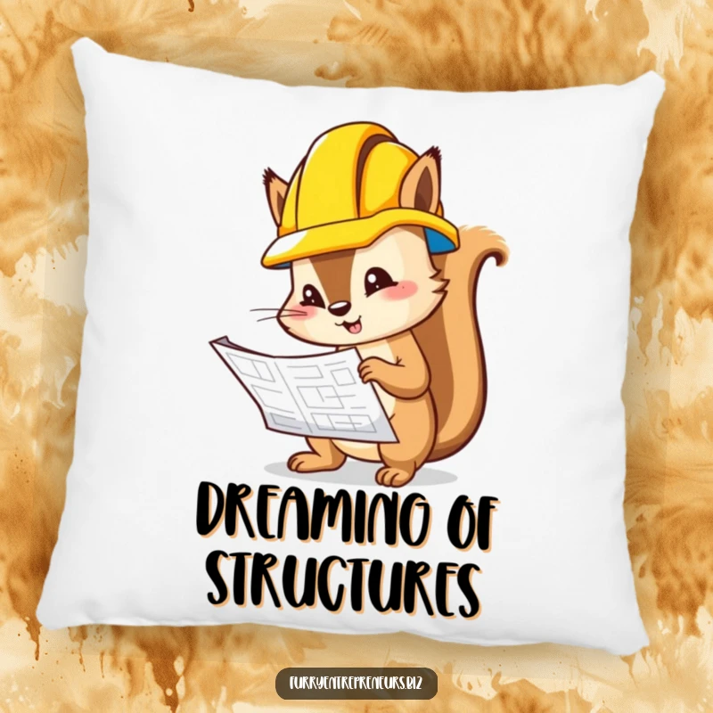 Funny squirrel character in a hard hat, inspecting a blueprint, depicted on a soft, comfortable pillow.