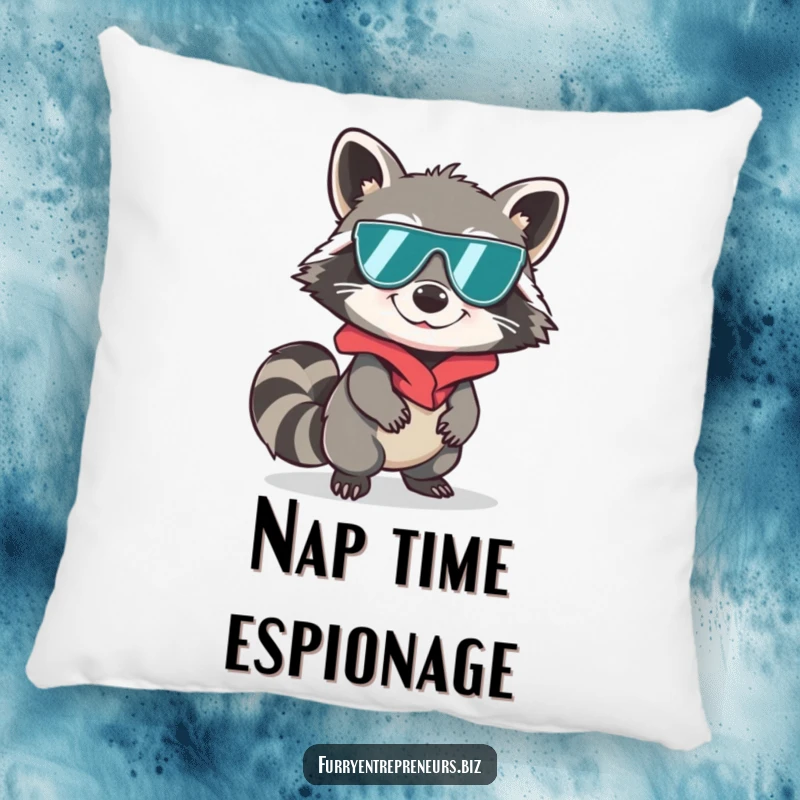 Funny raccoon character sneaking in spy disguise on a pillow, spy decor, comfortable and intriguing, great funny gift.
