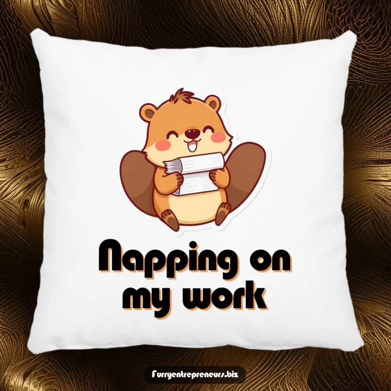 Funny pillow featuring a beaver balancing a stack of papers, adding cozy office humor and a touch of industrious charm.