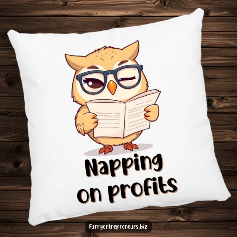 Funny pillow featuring a winking owl wearing glasses, reading a financial report, offering comfort and a touch of financial wit.
