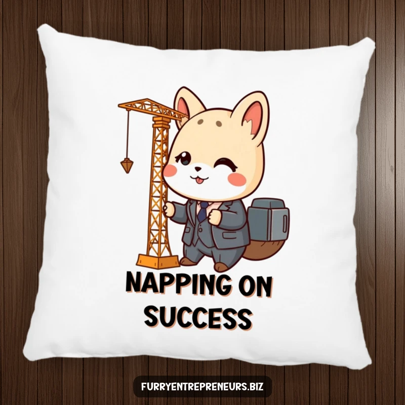 Funny animal business pillow featuring a cute character in a tiny business suit operating a miniature crane, offering comfort and humor.