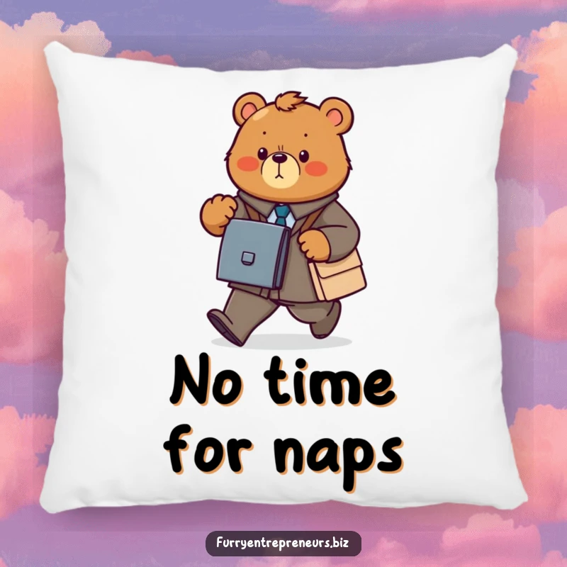 Funny bear business pillow depicting a determined animal power walking with a briefcase, ideal for decoration.