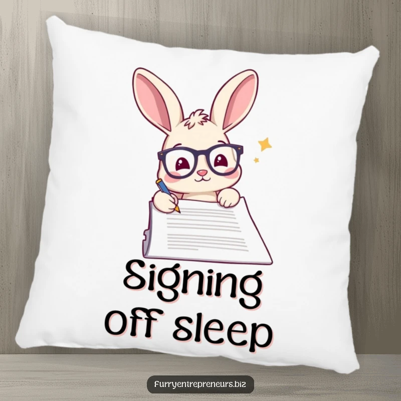 Funny rabbit pillow, wearing glasses, signing a document with a quill pen, looking very official.