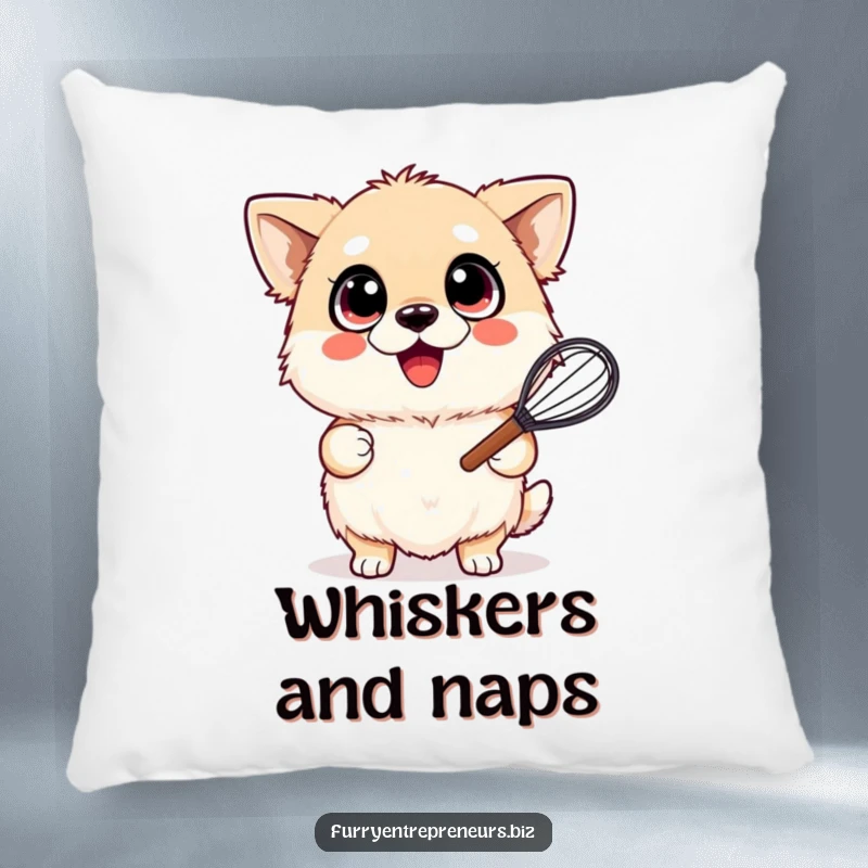 Funny pillow design of a fluffy dog with wide, ecstatically happy eyes, holding a whisk, embodying pure baking delight.