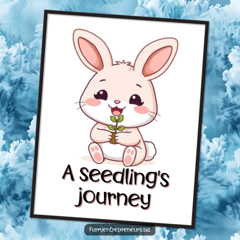 Funny rabbit gardener digital art print of a smiling bunny holding a tiny plant seedling, radiating nature's joy.