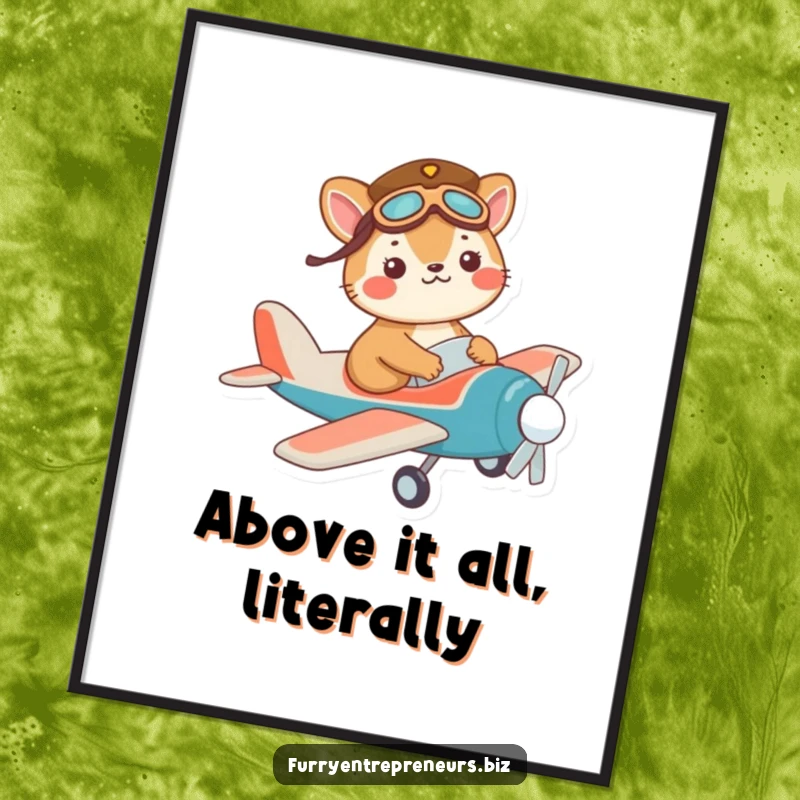 Funny pilot animal digital art print of a mischievous character in a tiny pilot hat, flying a toy plane.