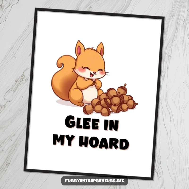 Funny squirrel character gleefully counting a pile of acorns on a digital art print, symbolizing abundance and happy collecting.