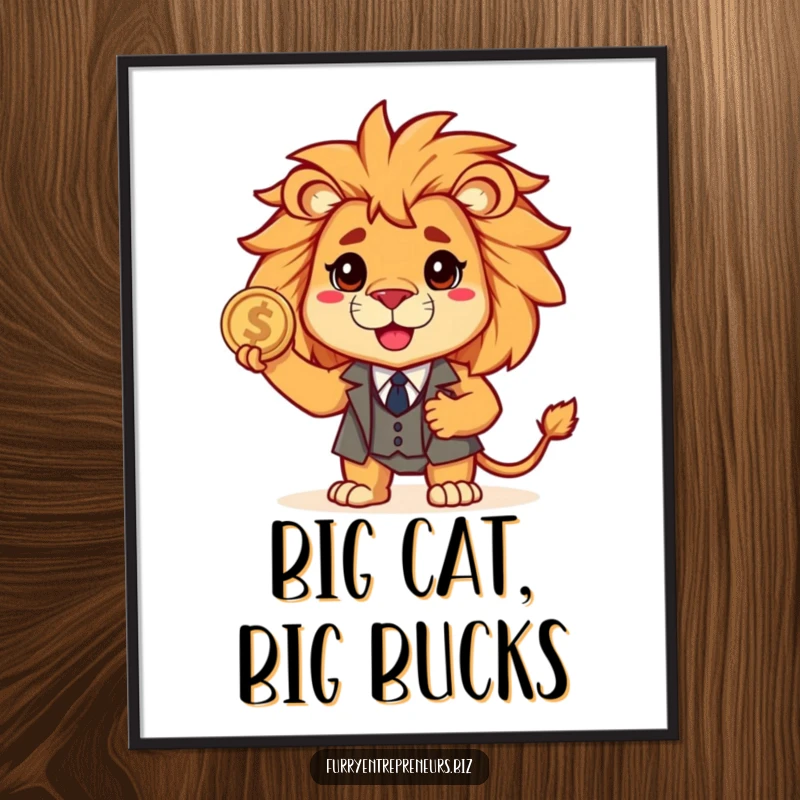 Funny lion in a miniature suit holds a coin, embodying bravery and financial acumen in this humorous digital art.