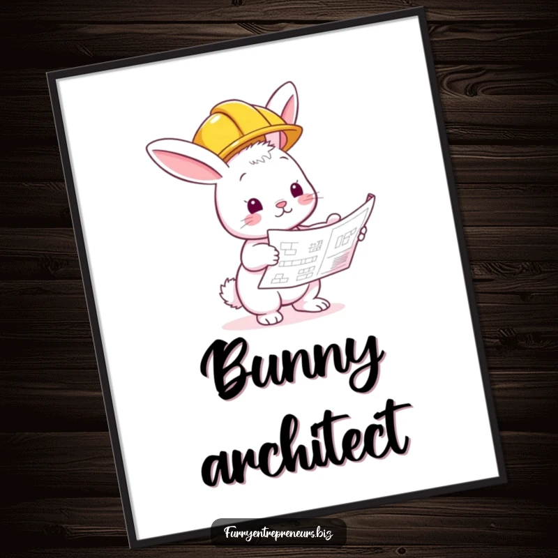 Funny bunny builder digital art print, wearing a hard hat and inspecting a blueprint, ideal for construction-themed decor.