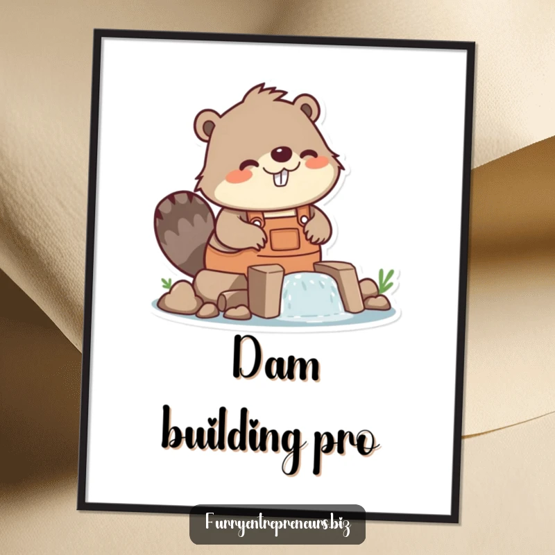 Funny beaver character building a dam, digital art print, construction humor, industrious and funny, instant funny gift.
