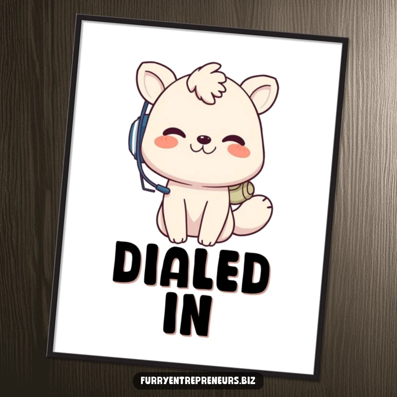 Funny animal call center digital art print, a playful creature with a headset grins while on a call, perfect for downloadable, humorous wall decor.