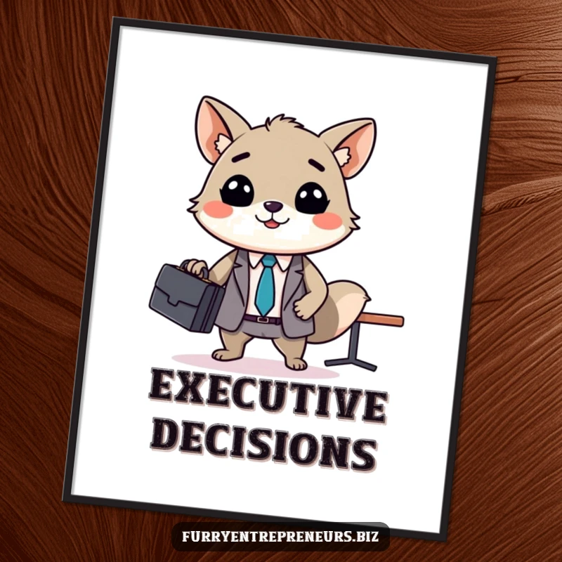 Funny animal business meeting digital art print, a smiling creature with a briefcase leads a tiny conference, perfect for downloadable, humorous wall decor.