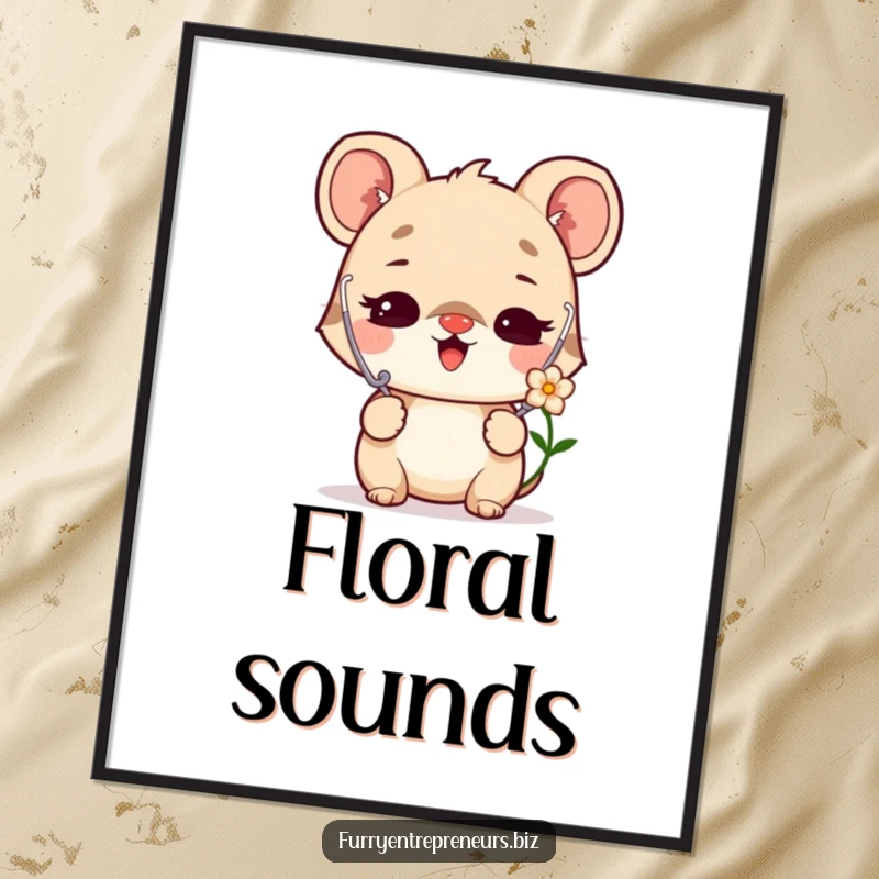 Funny digital art print of a delighted animal character, stethoscope to flower, conveying warmth, curiosity, and gentle humor.