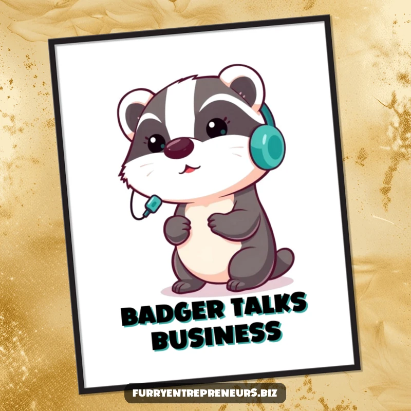 Funny badger digital art print of a focused badger wearing a headset, giving a presentation, perfect for instant download and motivation.