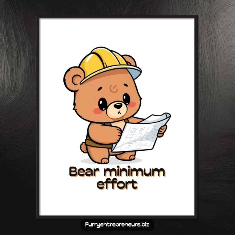 Funny bear construction worker in a hard hat, inspecting a blueprint, humorous digital wall art for immediate download.