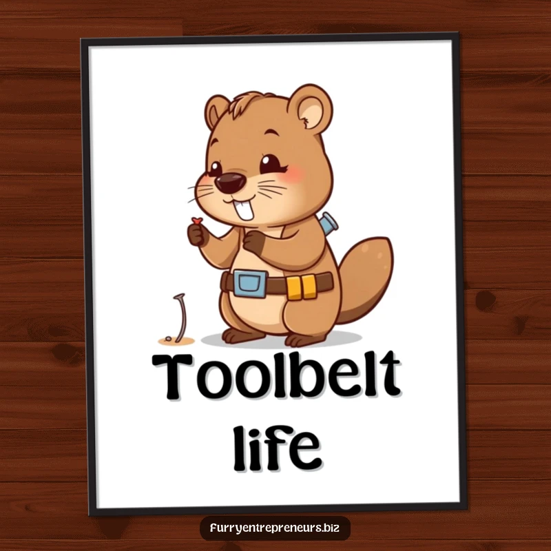 Funny digital art print of a cute beaver character wearing a tool belt, examining a tiny nail, embodying industrious charm.