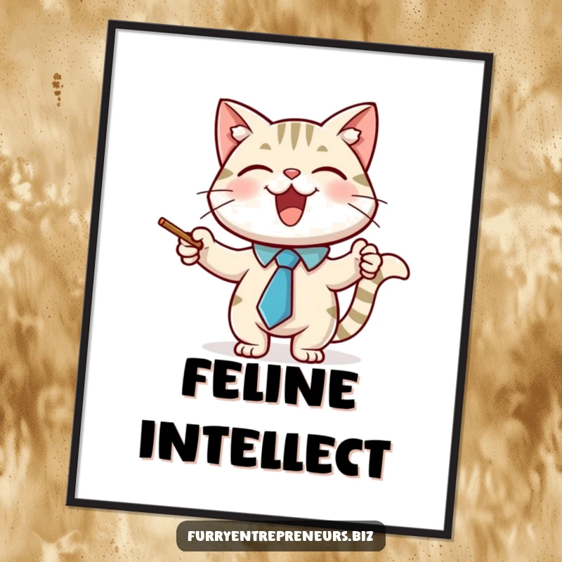 Funny digital art print of a joyful cat character wearing a necktie and using a pointer stick, embodying academic sophistication.
