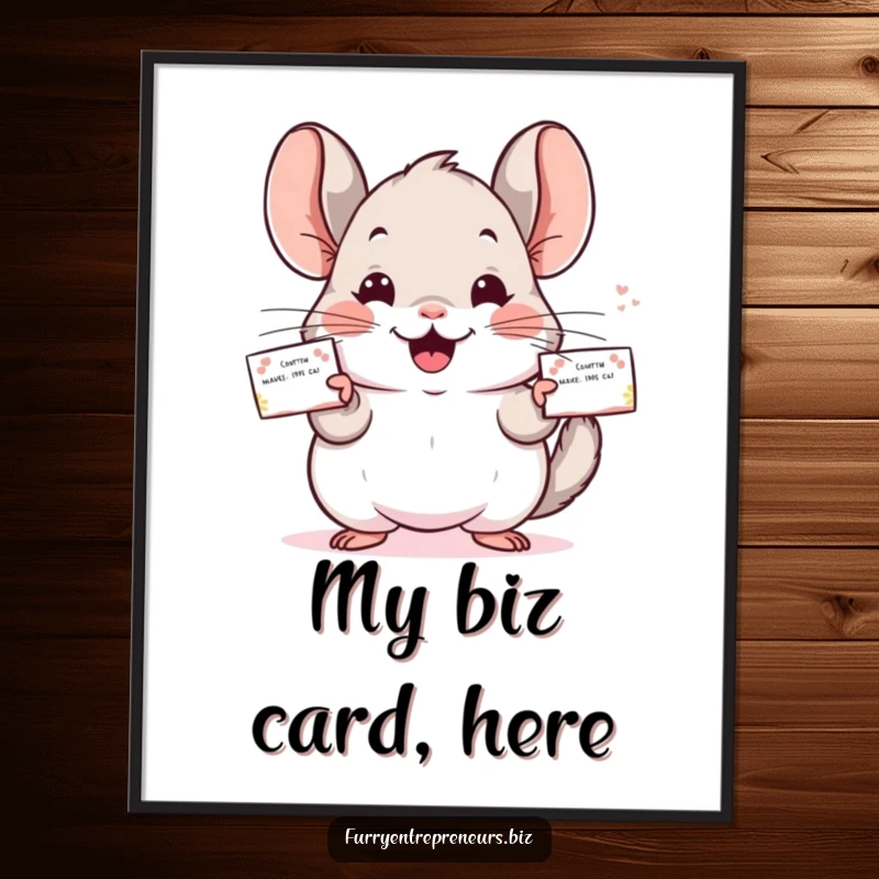 Funny Chinchilla digital art print of a cheerful character distributing business cards, offering instant humorous decor.