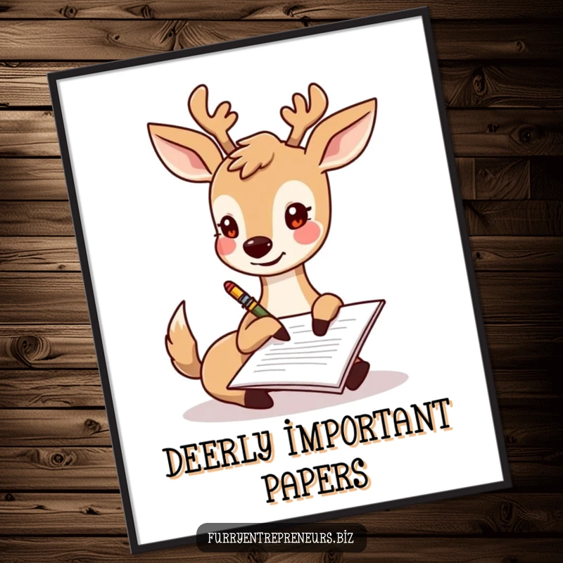 Funny deer character happily signing a document with its hoof, humorous digital wall art for instant download.