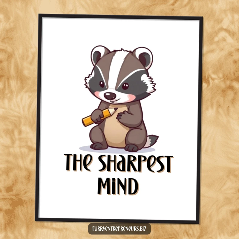 Funny digital art print of a determined badger character sharpening a tiny pencil, perfect for instant humorous and motivational wall decor.