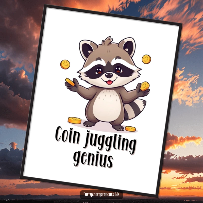 Funny digital art print of a playful raccoon character juggling coins, perfect for instant whimsical and mischievous wall decor.