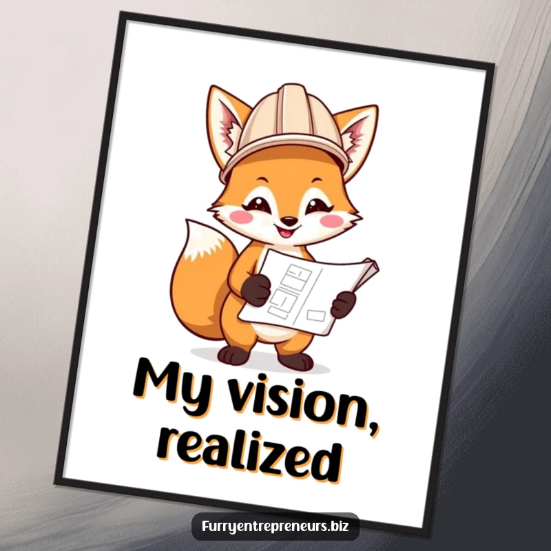 Funny digital art print of a smiling fox wearing a hard hat, holding a blueprint, perfect for instant download and display.