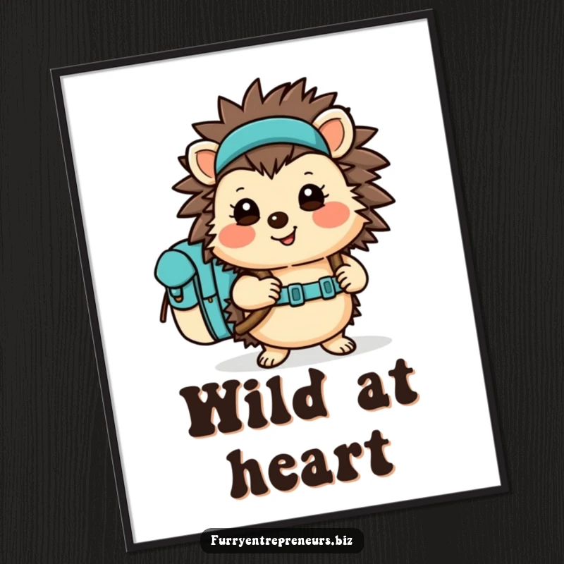 Funny Hedgehog Digital Art Print of a cheerful hiker character with a backpack, ready for an exciting journey. Vibrant wall decor.