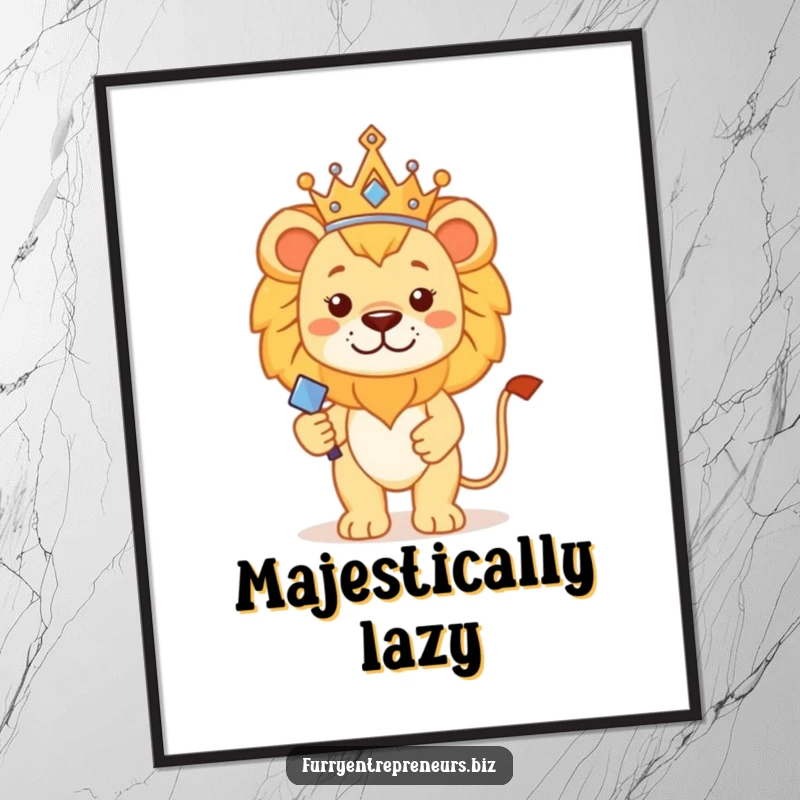 Funny lion king digital art print of a proud lion with crown and scepter, bringing majestic and humorous vibes.