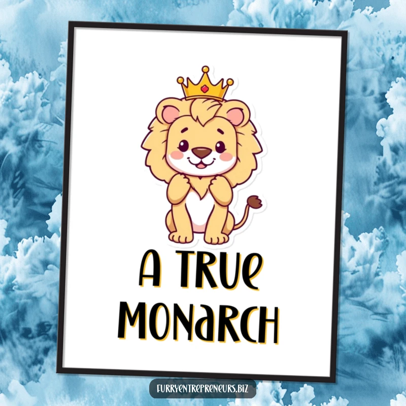 Funny proud lion wearing a miniature crown, accepting applause, a digital art print exuding regal humor and confidence.
