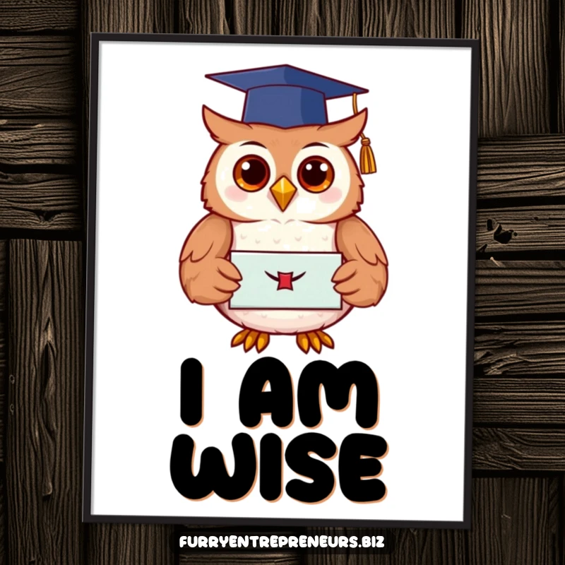 Funny digital art of a wise owl wearing a graduation cap and holding a diploma, perfect for adding academic and humorous charm to wall decor.
