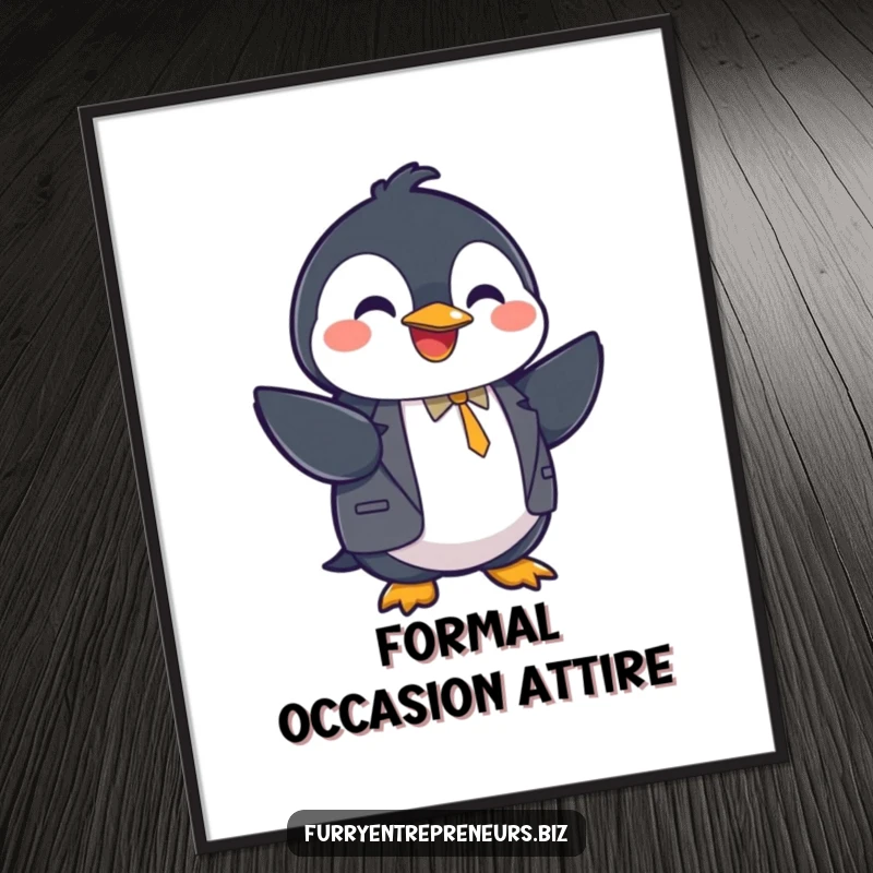 Funny penguin character in a suit shaking hands, digital art print, business humor, professional and funny, instant funny gift.
