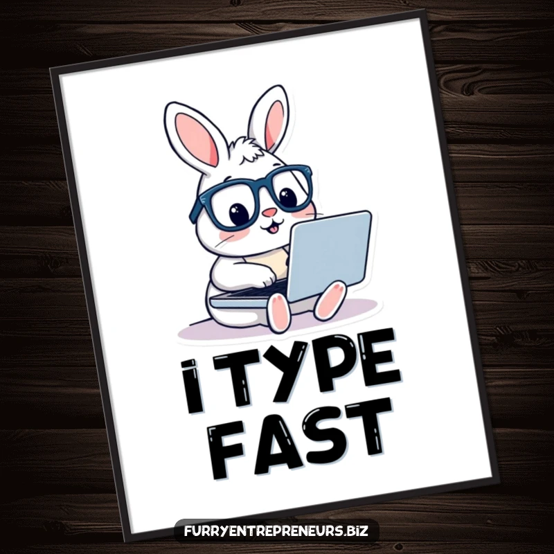 Funny digital art of a rabbit wearing glasses, typing on a laptop, perfect for adding creative and humorous charm to wall decor.