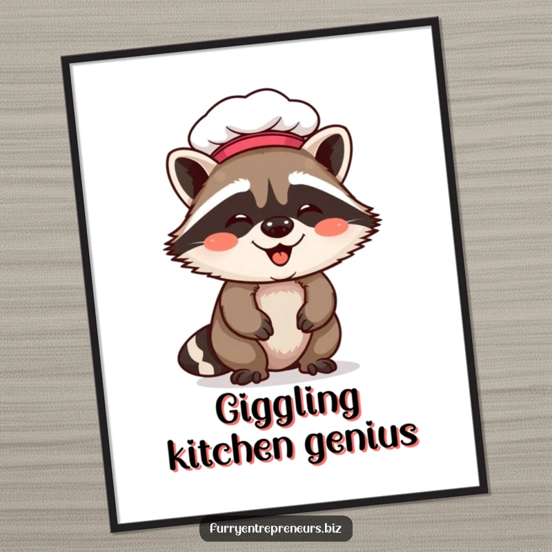Funny raccoon chef digital art print of a giggling raccoon wearing a chef hat, perfect for instant download and adding culinary humor.