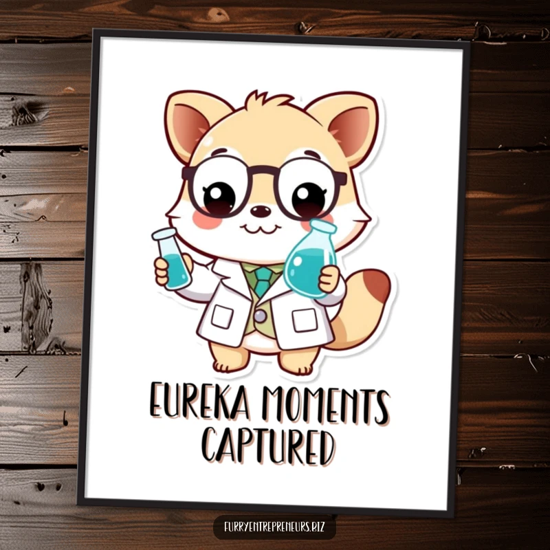Funny scientist animal digital art print of a smiling character in a lab coat, holding a tiny beaker.