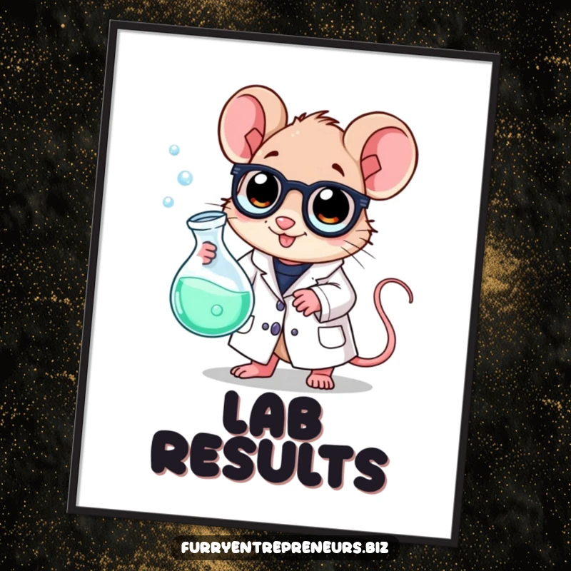 Funny scientist mouse digital art print, wearing a lab coat and holding a bubbling beaker, ready for scientific mischief.