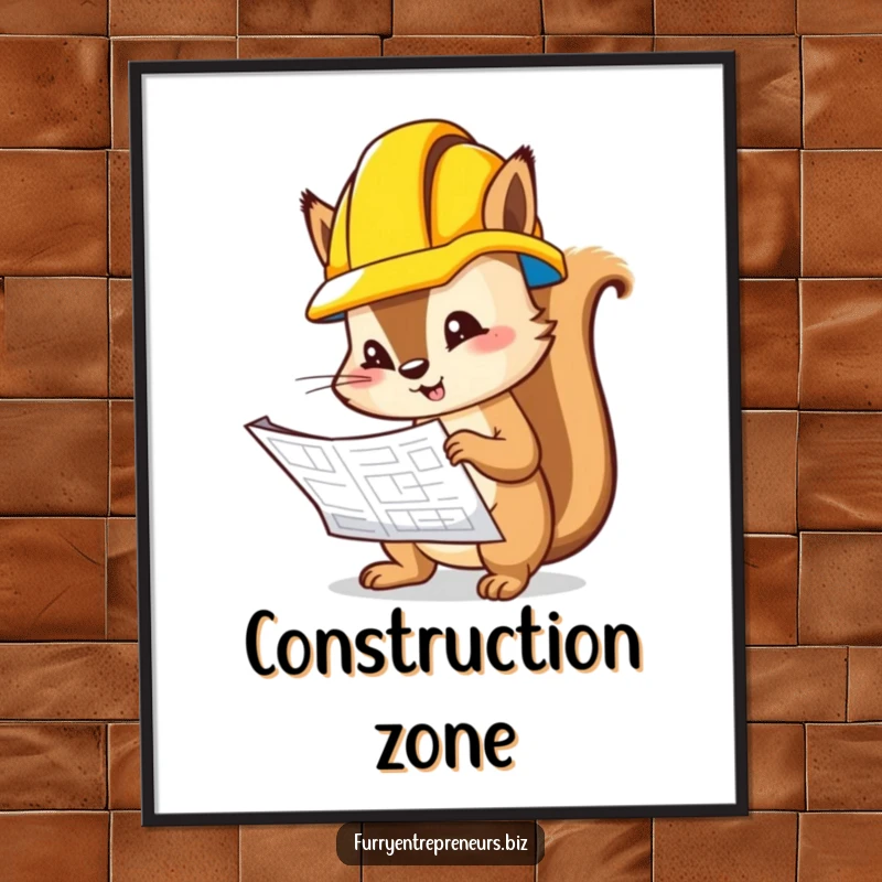 Funny squirrel in a hard hat, inspecting a blueprint, as a downloadable digital art print.