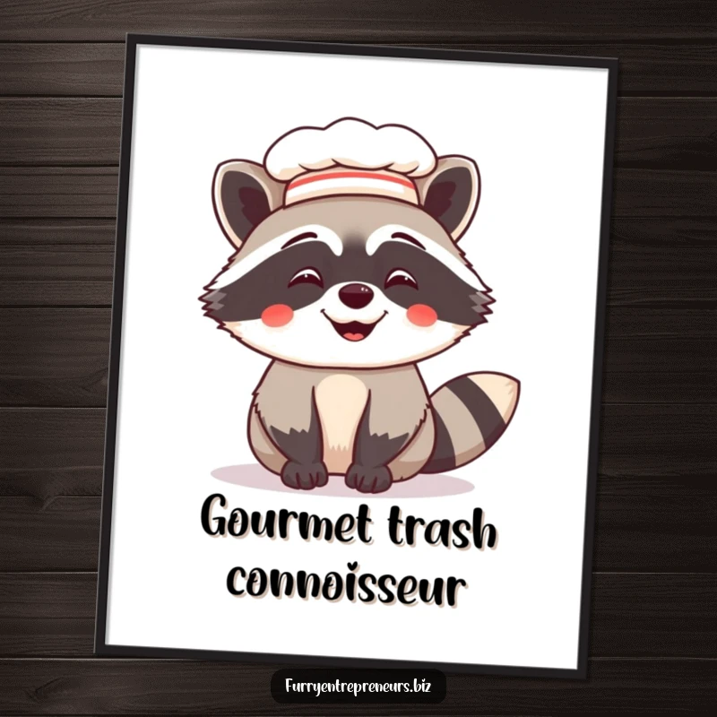 Funny digital art print of a giggling raccoon in a chef hat, ideal for creating a humorous and culinary-themed focal point in any room.