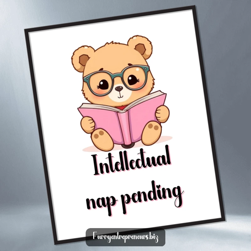 Funny digital art print of a bear in tiny glasses reading a large book, adding a scholarly vibe.