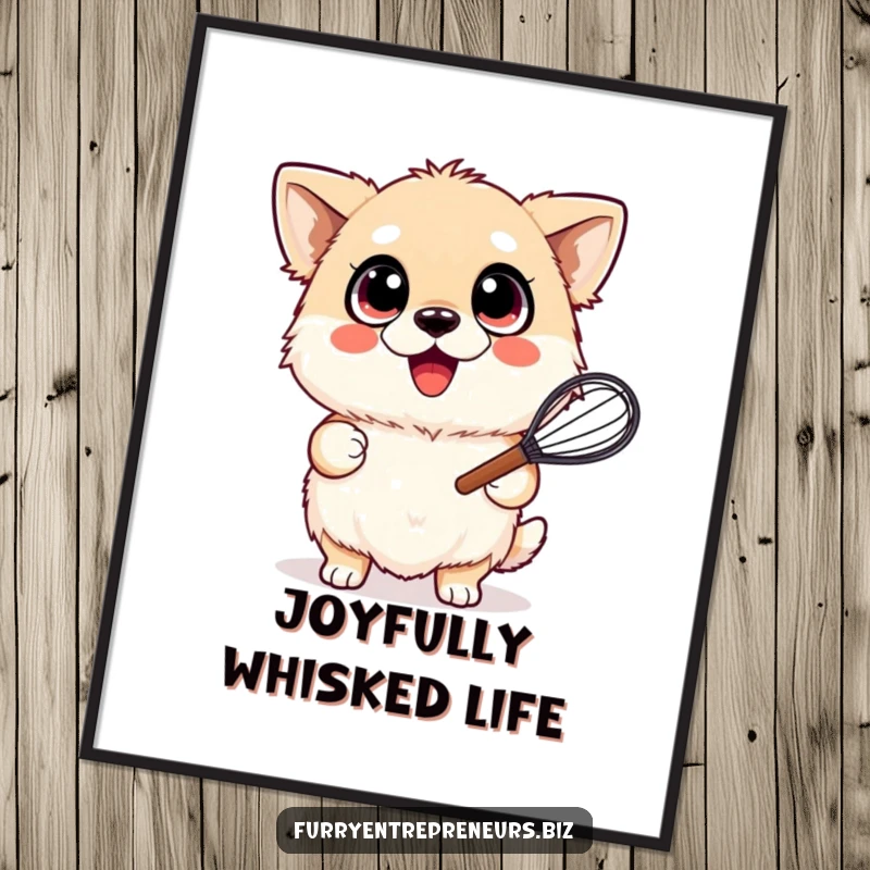 Funny digital art of a fluffy dog with wide, happy eyes, joyfully holding a whisk, radiating pure baking enthusiasm.