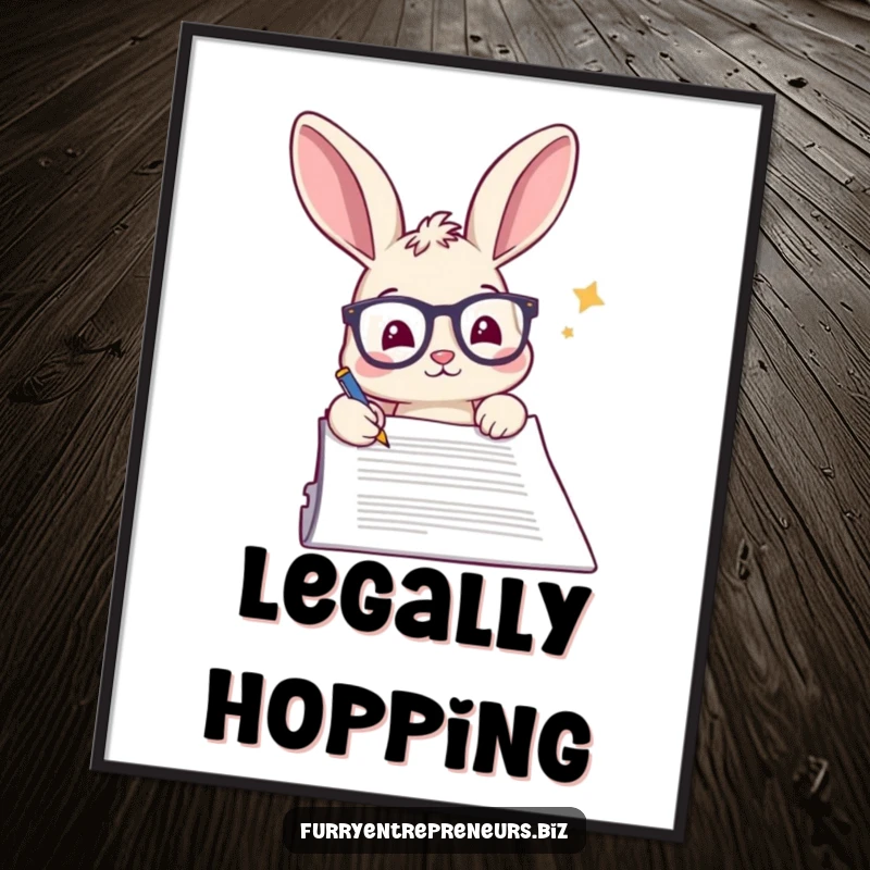 Funny rabbit digital art print, wearing glasses, signing a vast document with official intent.