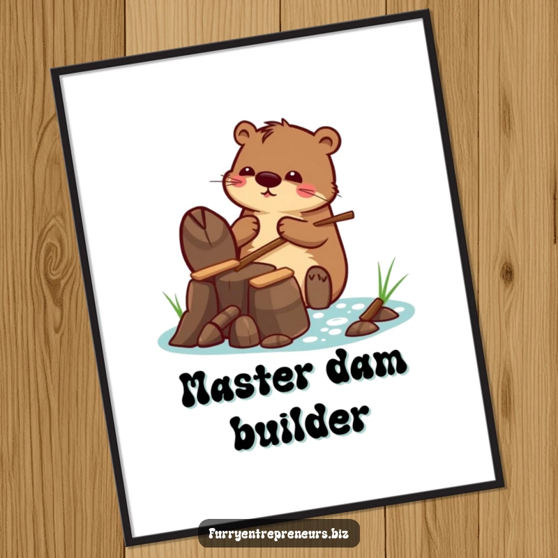 Funny digital art print of a beaver character building a tiny dam with tiny sticks, perfect for instant humorous and industrious wall decor.