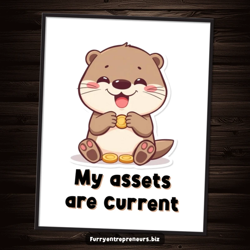 Funny otter character happily counting coins, a digital art print that brings financial humor and joy to any space.