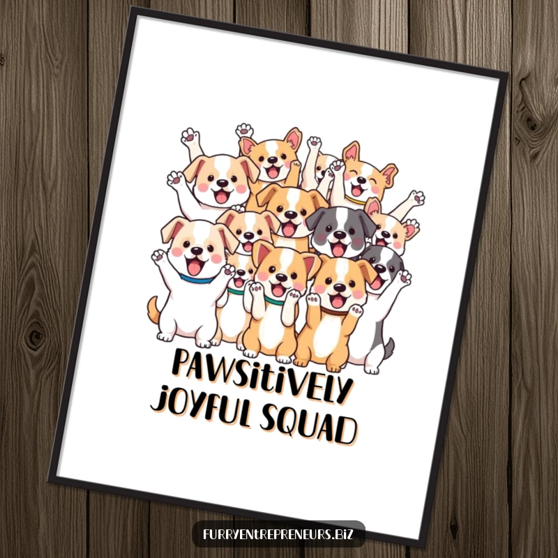 Funny digital art of various kawaii dogs joyfully cheering with their paws in the air, embodying pure celebration.