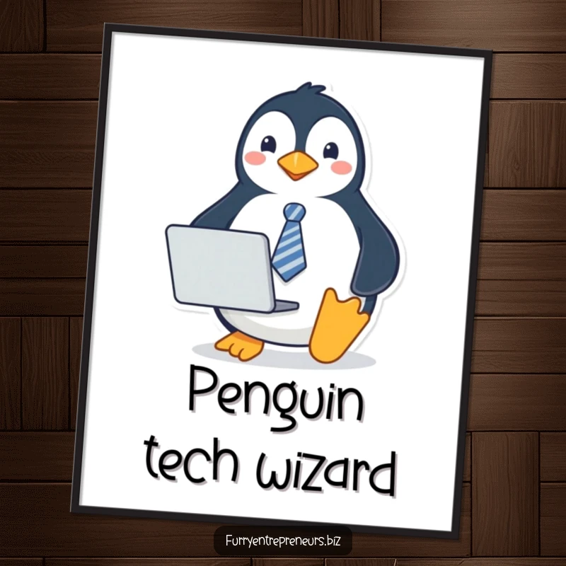 Funny penguin digital art print of a penguin wearing a tie and holding a laptop, perfect for instant download and adding professional humor.
