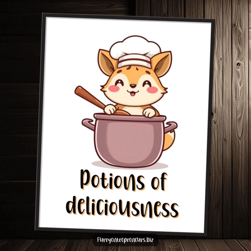 Funny chef animal digital art print of a happy character in a chef hat, stirring a giant pot with flair.
