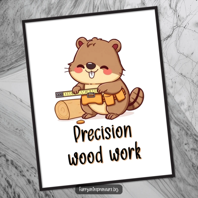 Funny Beaver Carpenter Digital Art Print: A whimsical illustration of a beaver measuring wood, ideal for bringing funny carpentry vibes to digital displays.