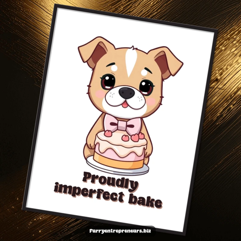 Funny digital art of a determined dog in a bowtie, proudly presenting a lopsided cake, celebrating earnest effort.