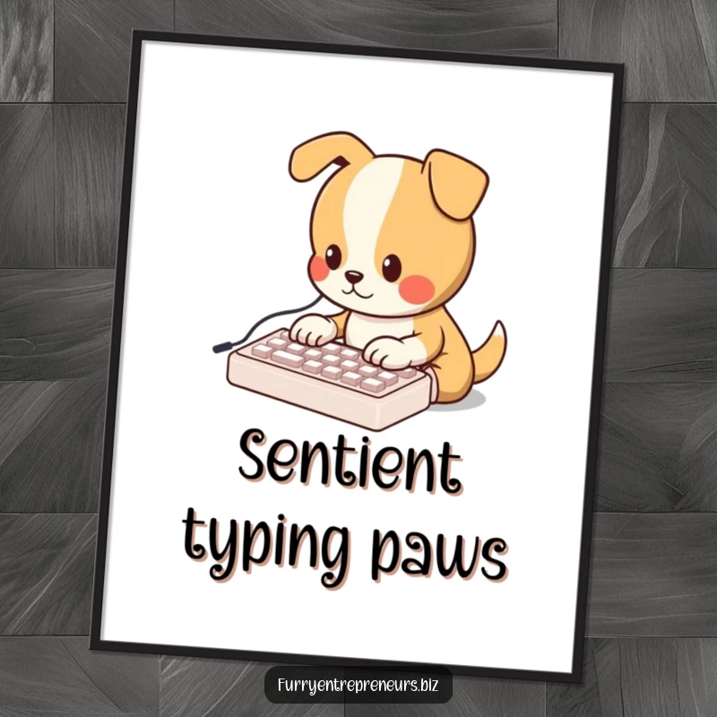 Funny digital art print of an adorable dog typing on a miniature keyboard, perfect for instant download.
