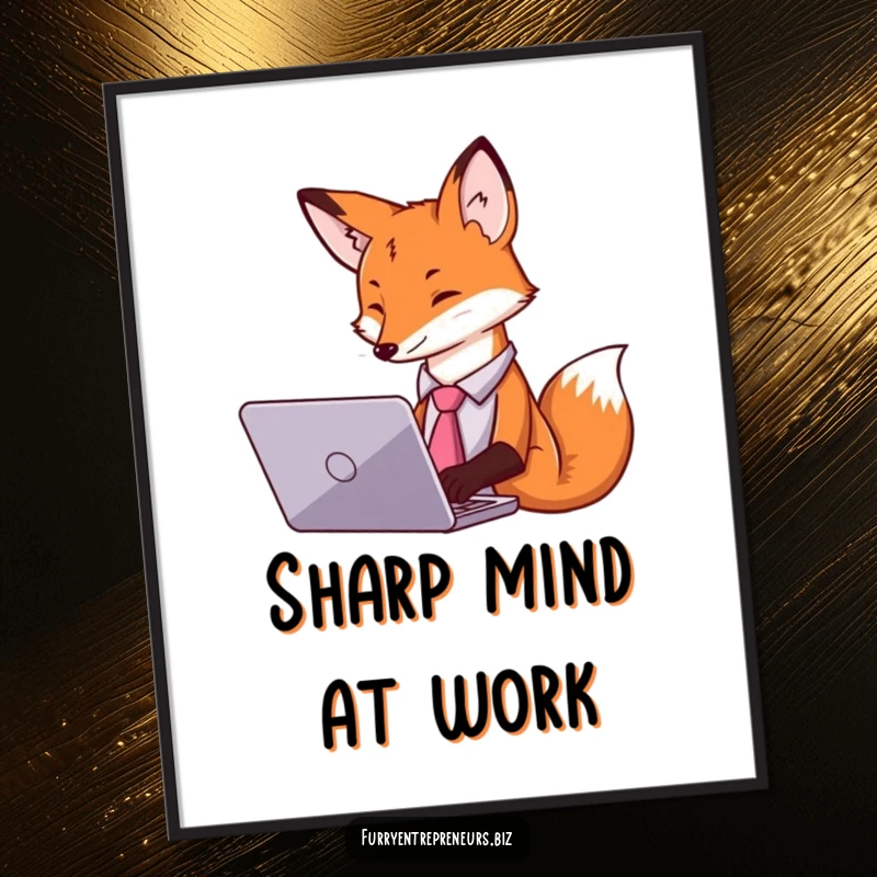 Funny digital art print of a fox in a tie, diligently typing on a laptop, adding a professional touch.