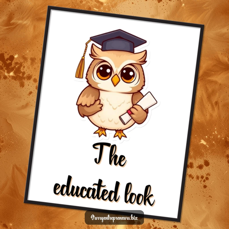 Funny owl in graduation cap holding a diploma, as a digital art print, bringing wisdom and humor to decor, a funny gift.